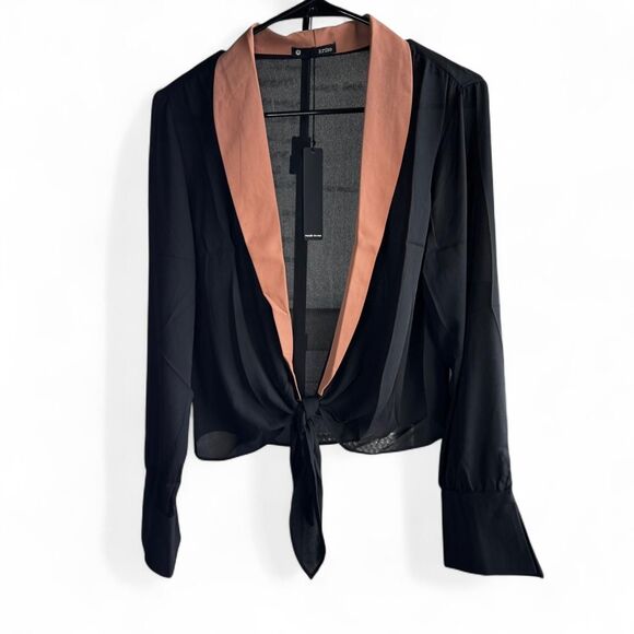 NWT Krisa black tie-front Tuxedo Inspired blouse with tan lapels. Sz. M. Glam - Picture 2 of 8